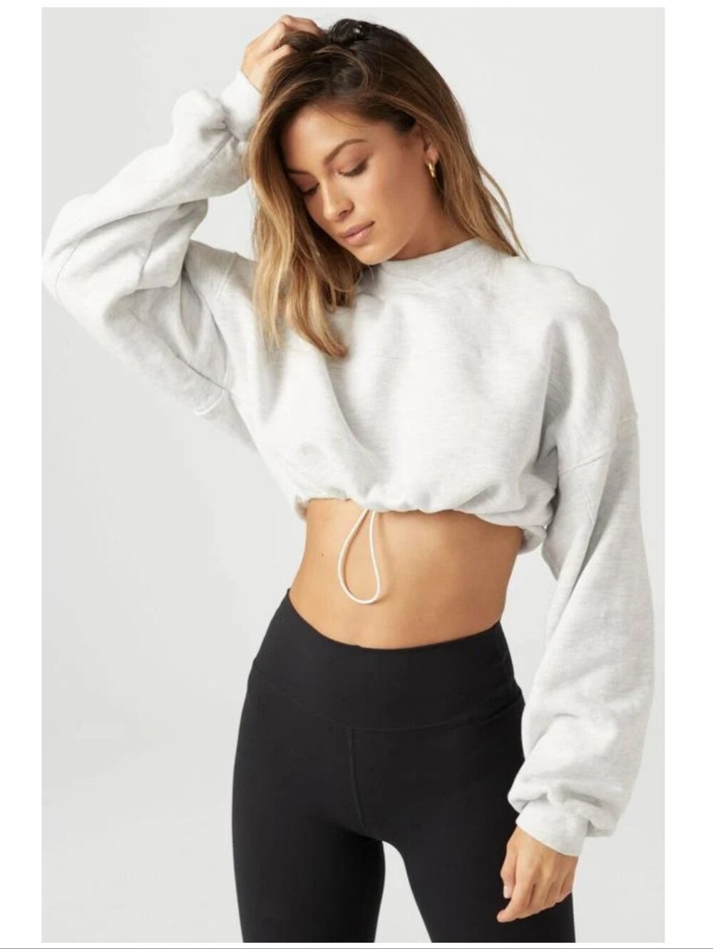 Joah Brown Drawstring Long Sleeve Cropped Top